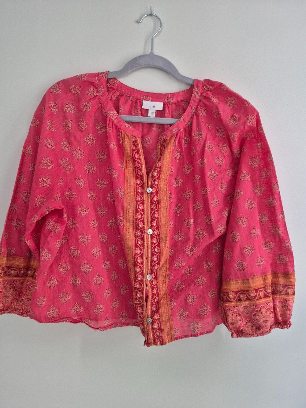 J.Jill Pink Boho Floral Blouse – Gold Print Button Front–Made in India – Size XL